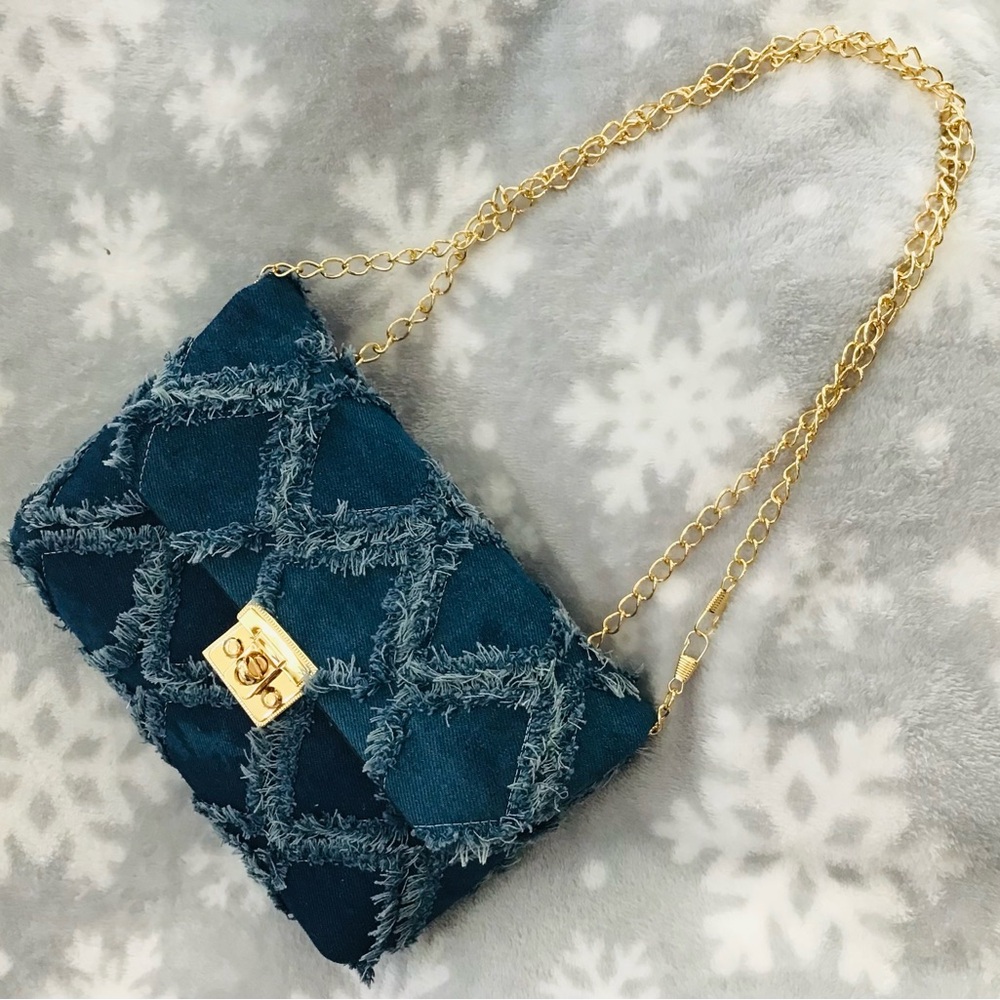 Chic Denim Quilted Bag with Gold Chain